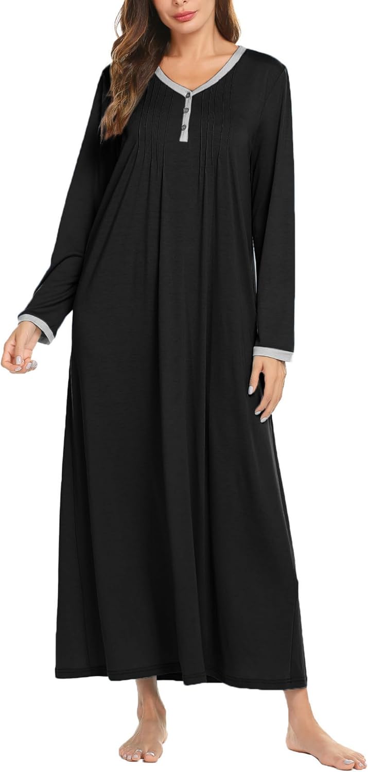 Ekouaer Women's Long Sleeve Nightgown Full Length Sleepwear