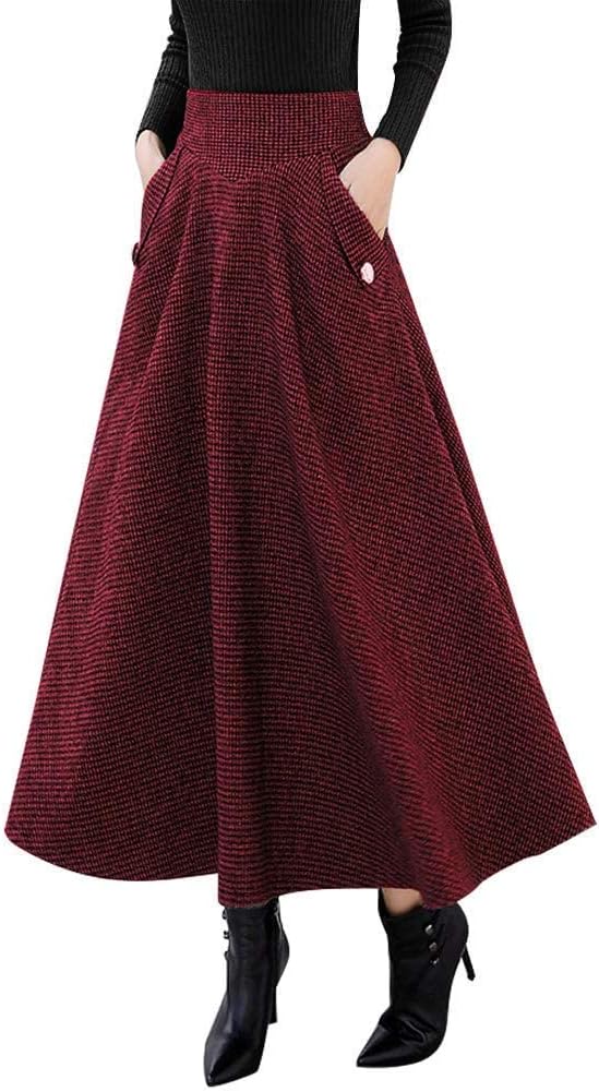 IDEALSANXUN Womens High Waisted Wool Plaid A-line Long Skirt
