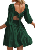 Phortric Womens Summer Tie Back Dress Square Neck Lantern Sleeve comfy