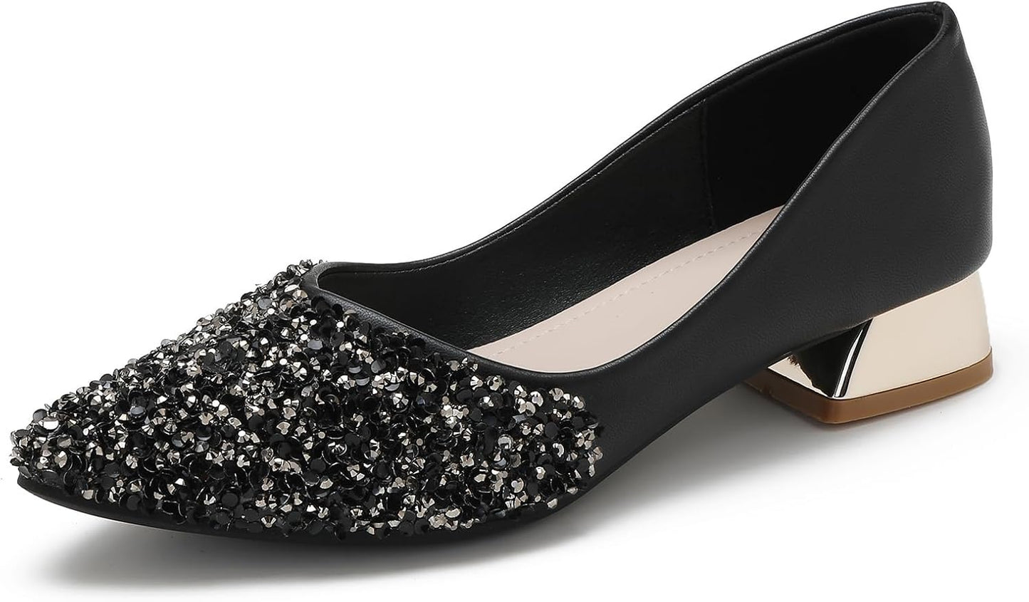 Comfortable Closed Toe Chunky Heels for Women with Rhinestones