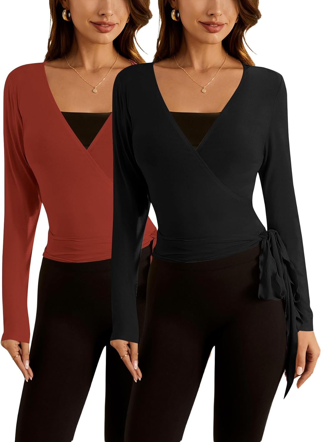 Y2k Pilates Wrap Tops for Women - Cute Long Sleeve Activewear