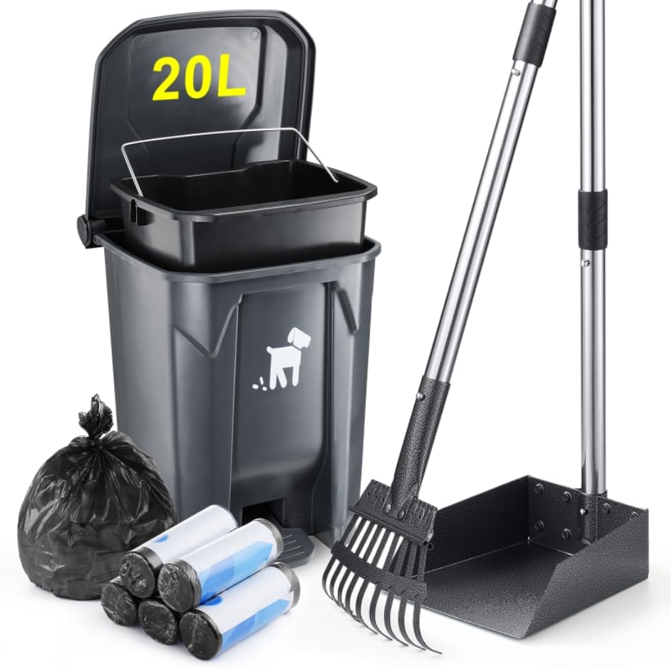 Dog Pooper Scooper Set with Trash Can and Long Handle Rake