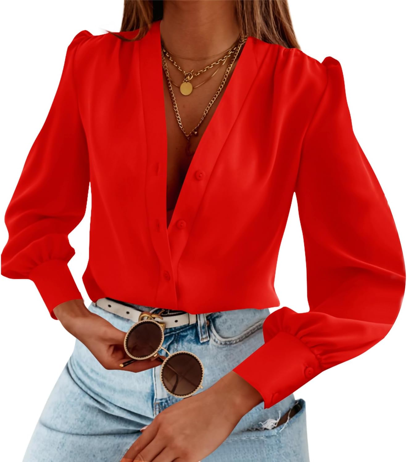 Women's Business Casual Long Sleeve Button Down Chiffon Tops