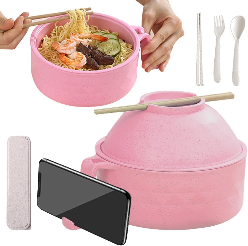 Ramen Bowl Set - Strainer, Lid, Handles, Pink
