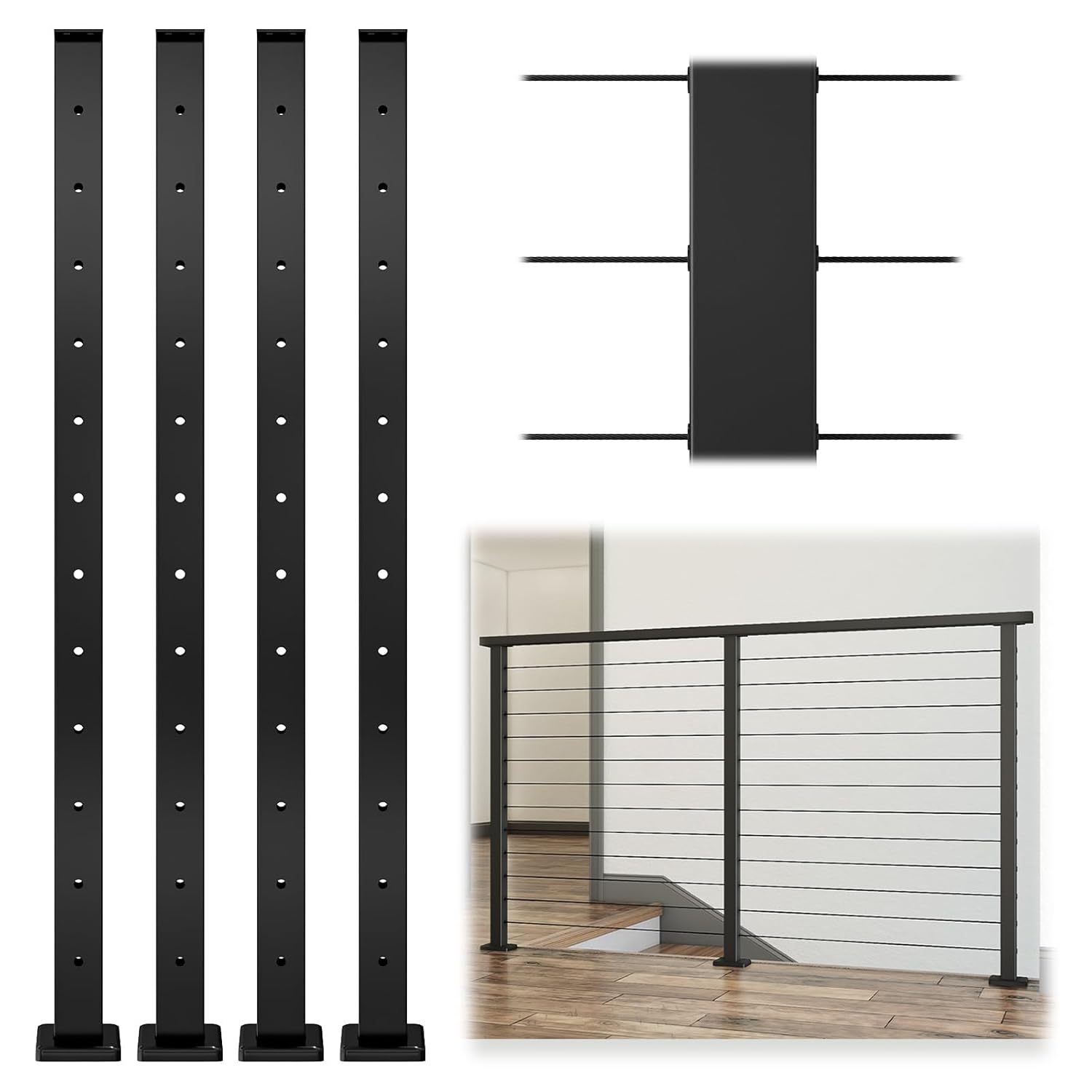 Muzata 4Pack Black Cable Railing Post for 42 Inch Projects
