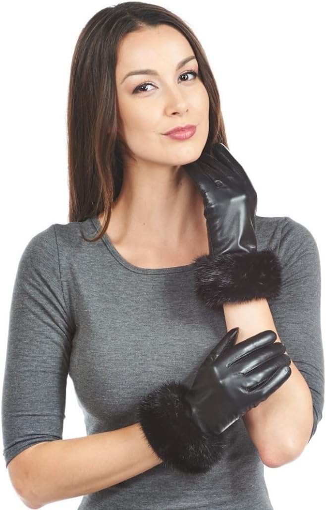 frr Mink Fur Trim Leather Gloves - Luxurious Wool Lined Style