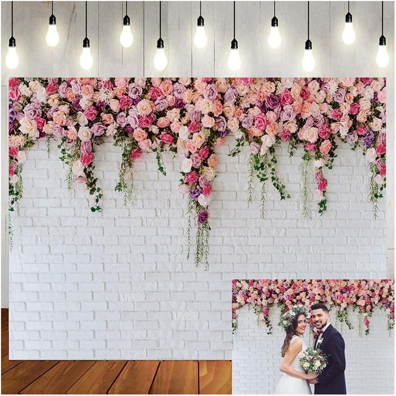 LTLYH 8x8ft White Brick Wall Flowers Photography Backdrop
