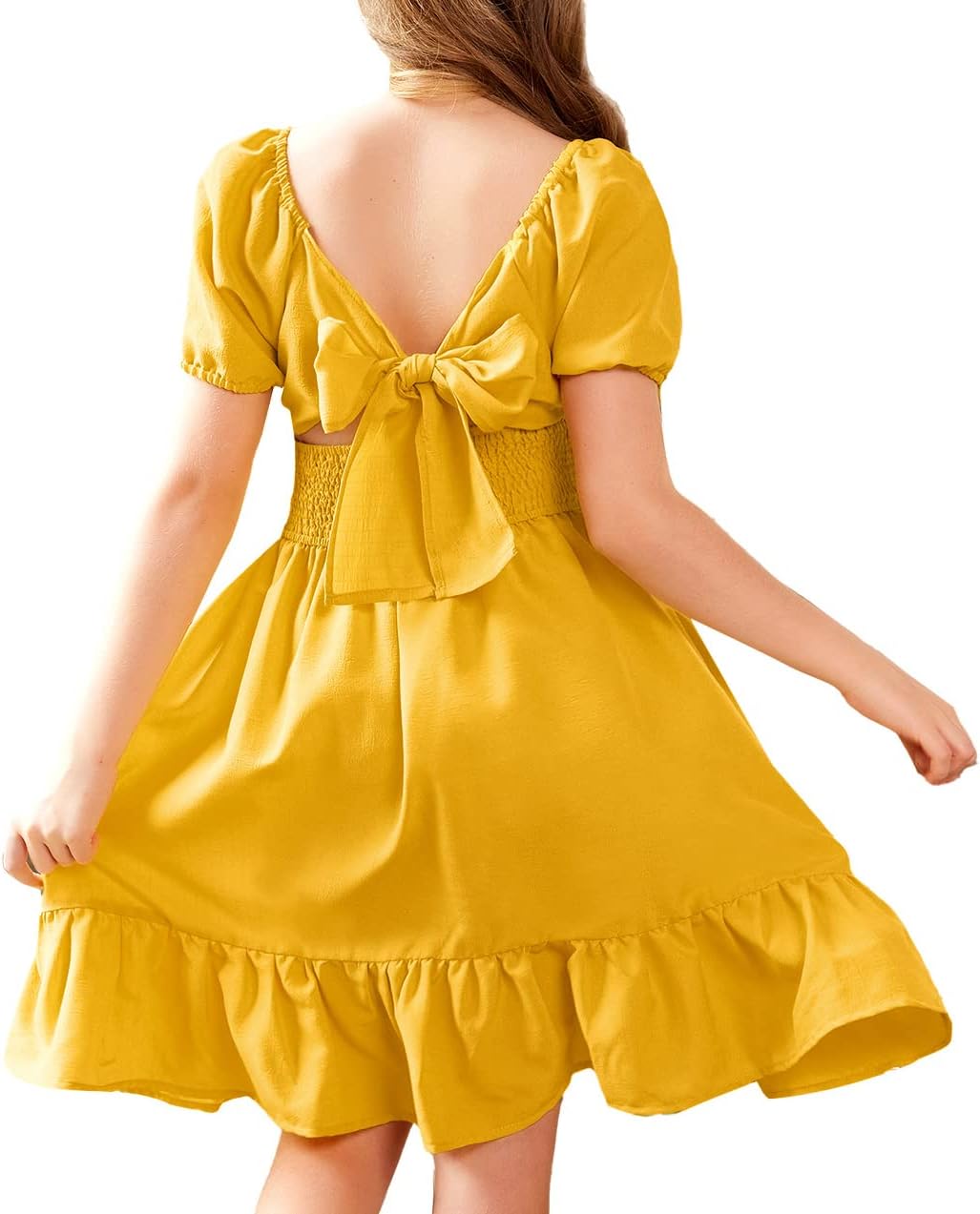 Arshiner Girls Tie Back Short Sleeve Ruffle Hem Dresses 4-12