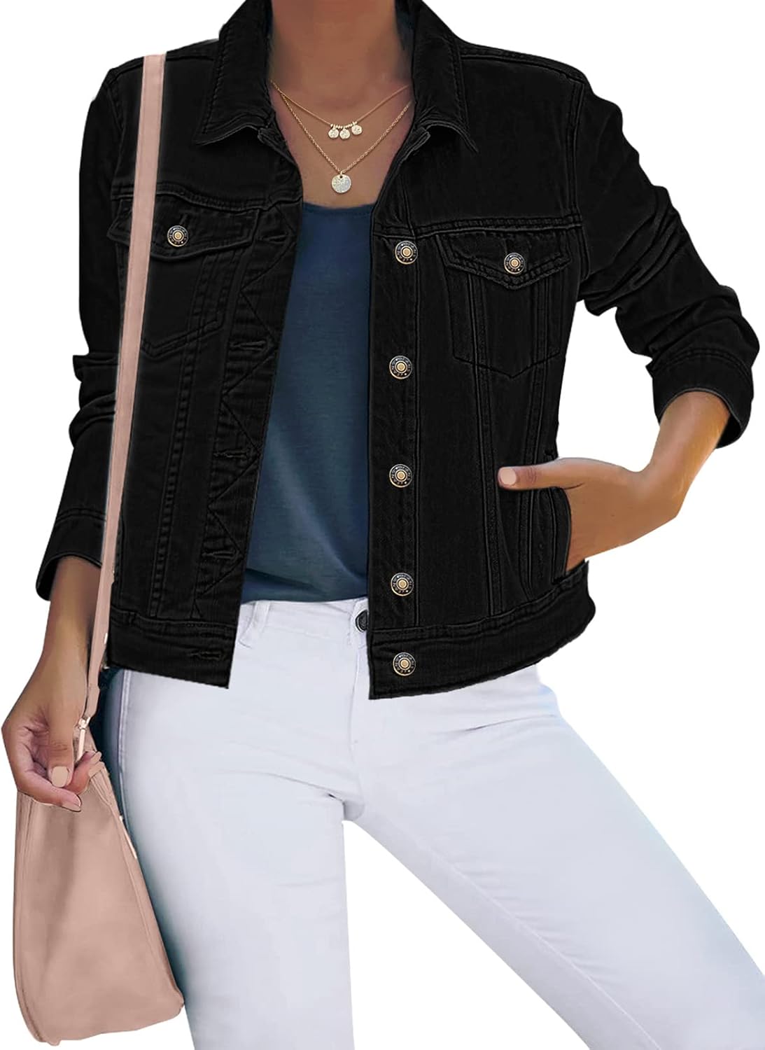 Luvamia Women's Basic Button Down Stretch Fitted Denim Jacket