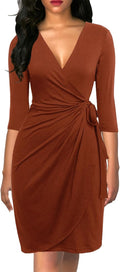Berydress Women's Classic 3/4 Sleeve V Neck Faux Wrap Dress Solid