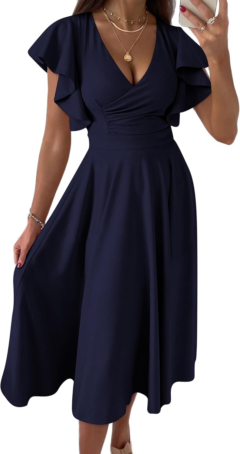 Elegant Classy Ruffle Sleeve V Neck Midi Dress for Summer