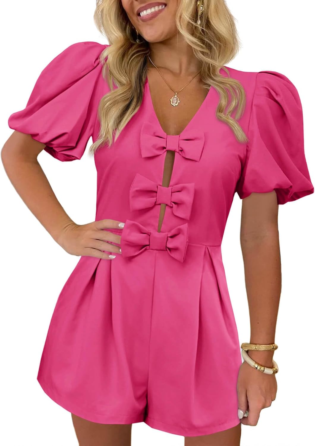 Cicy Bell Womens Cute Rompers with Bow Front and Puff Sleeves