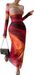 Women's Long Sleeves Maxi Bodycon Dress Tie Dye Ruched Mesh