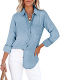 Women's Denim Button Down Shirt with Pockets - Chambray Cotton Tunic
