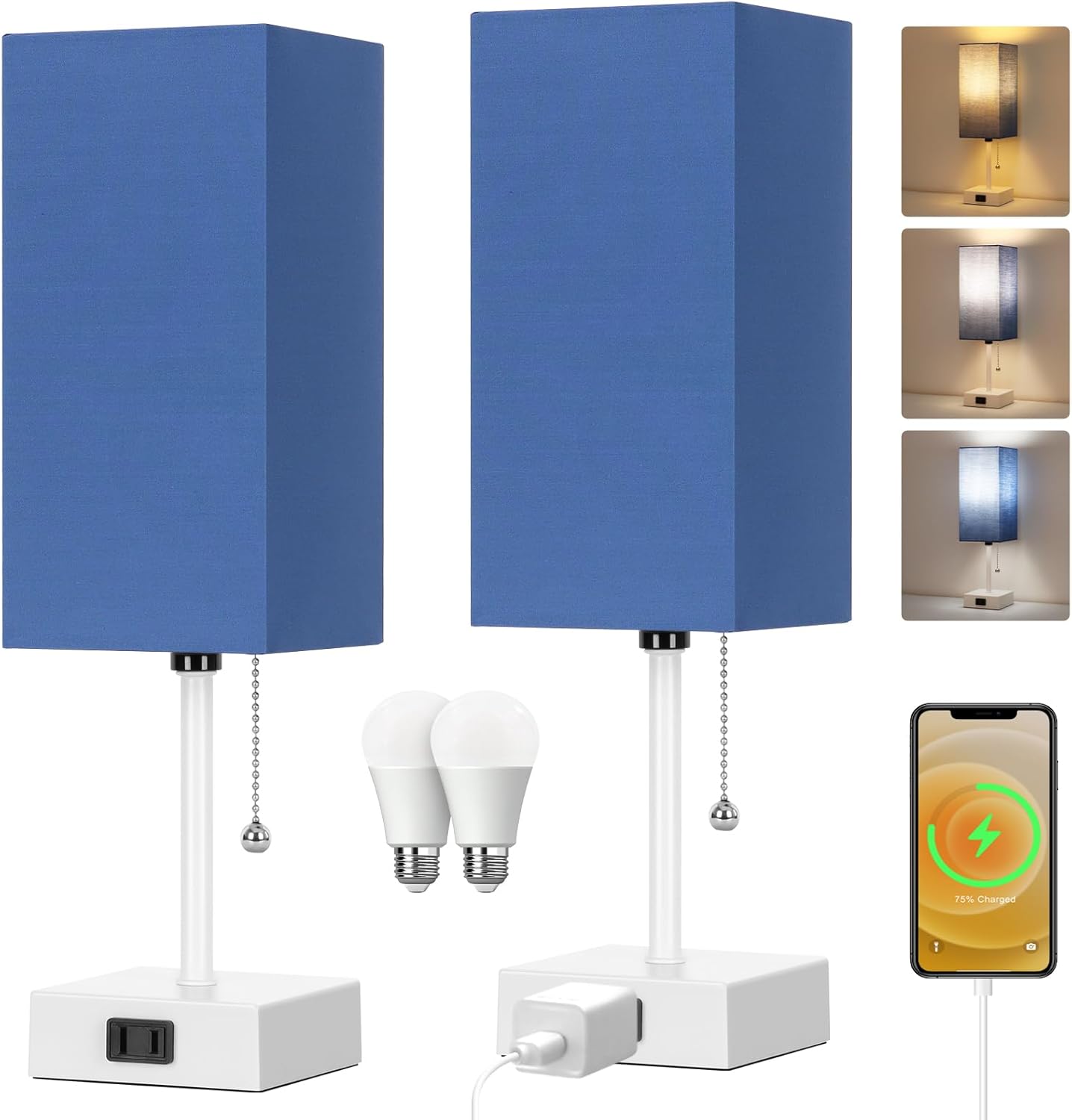 3-Color Table Lamp Set of 2 for Bedroom with AC Outlets