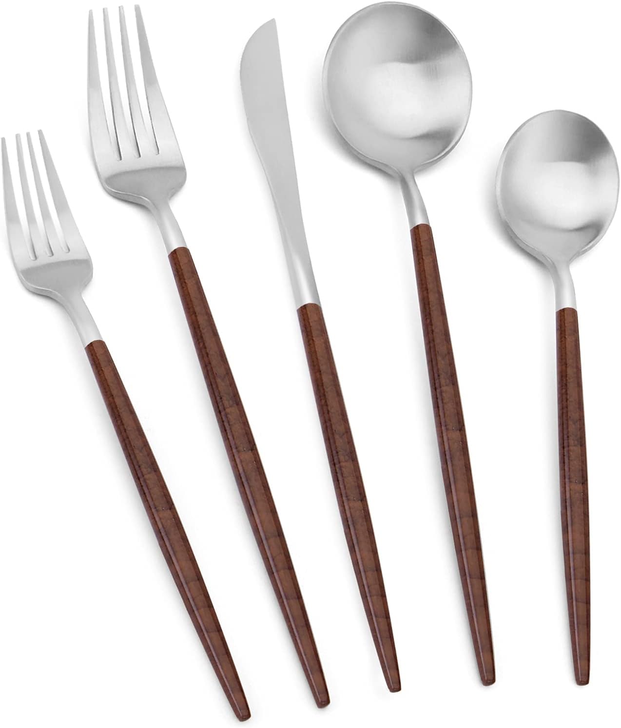 Matte Silver Silverware Set With Brown Handle for Modern Dining