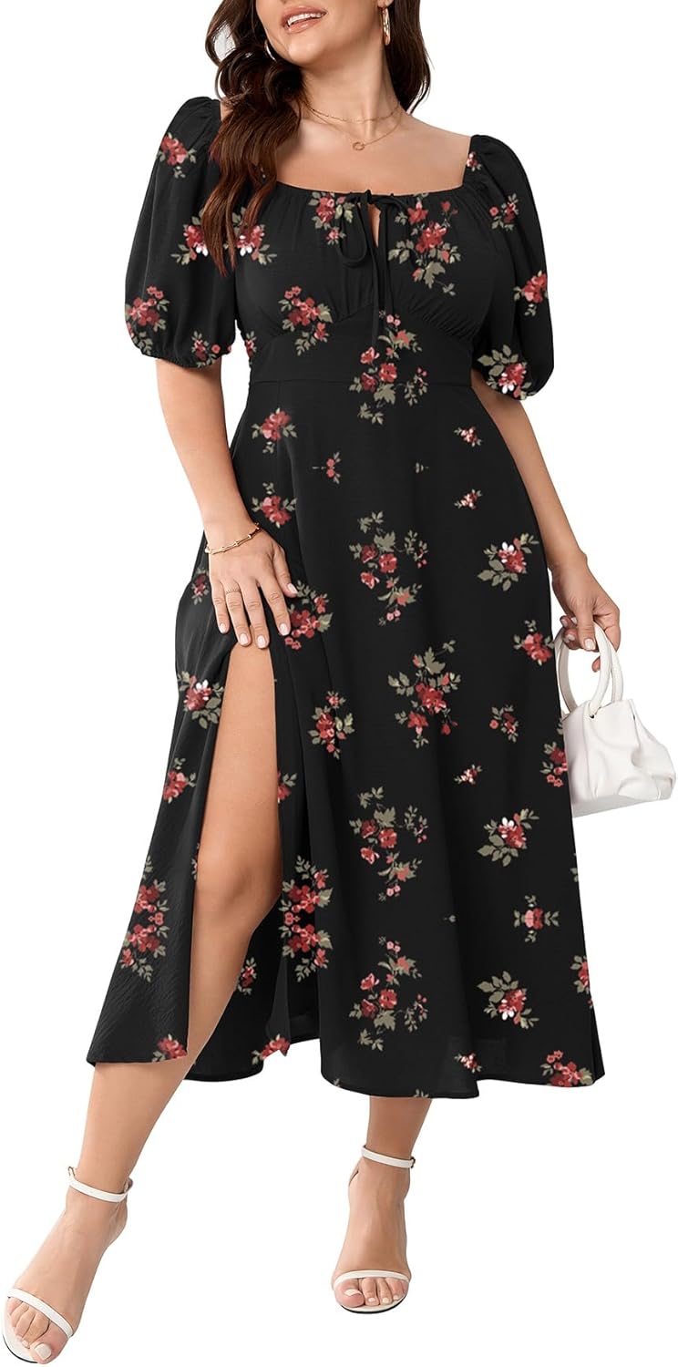 Plus Size Summer Dress Short Sleeve Square Neck A-Line Maxi