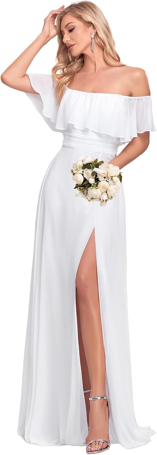 Elegant Off The Shoulder Side Split High Waist Maxi Dress