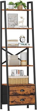 5-Tier Narrow Ladder Shelf with 2 Drawers - Rustic Brown Wood Metal