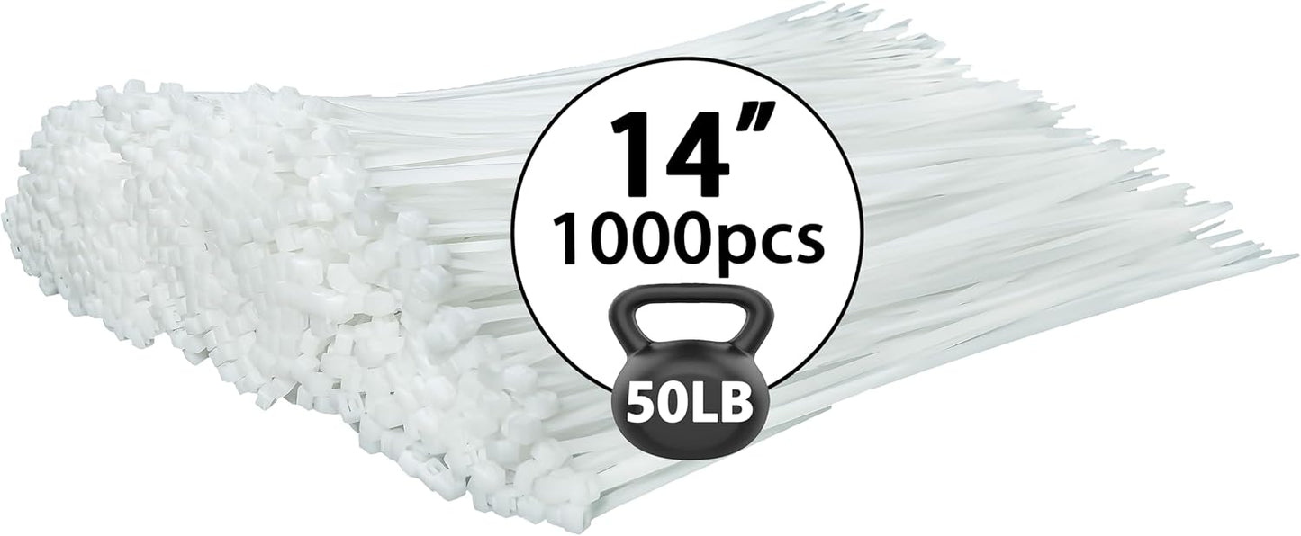 White Zip Ties 14 Inch 1000 Pack for Outdoor Use and Projects