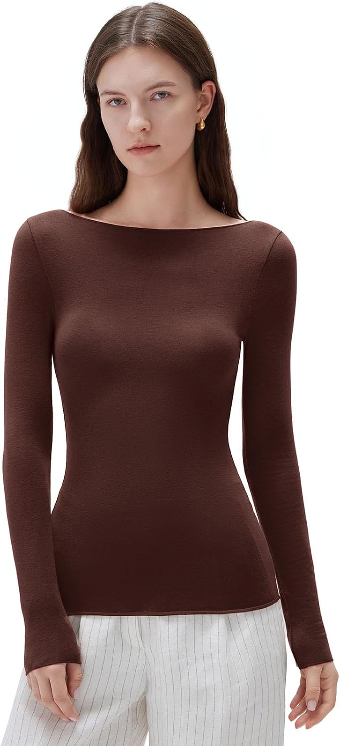 SUUKSESS Cloud Cashmere Women Boat Neck Fitted Long Sleeve Shirt