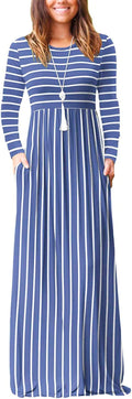 Light Blue Striped Women's Long Sleeve Maxi Dress with Pockets