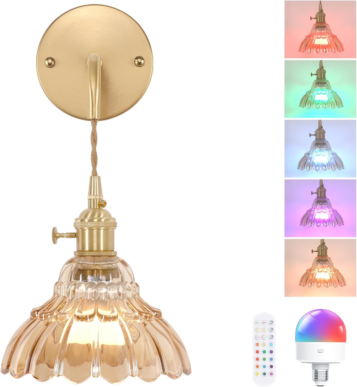 Battery Operated Wall Sconce with Amber Glass Shade for Decor