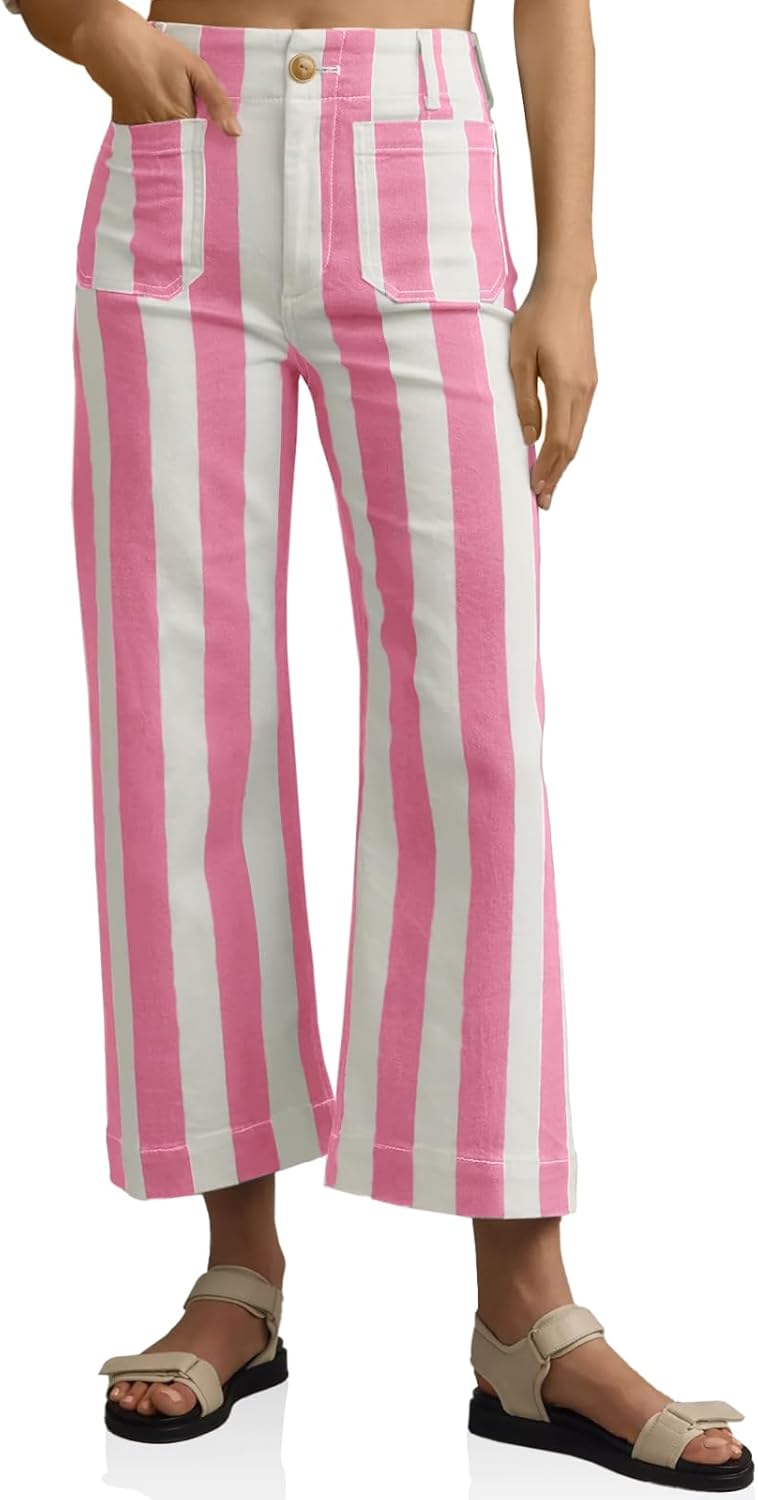 Cropped Striped Jeans for Women - High Waisted Stretchy Denim