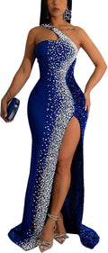 Rhinestone and Sequin One-Shoulder Backless Dress - Party Ready