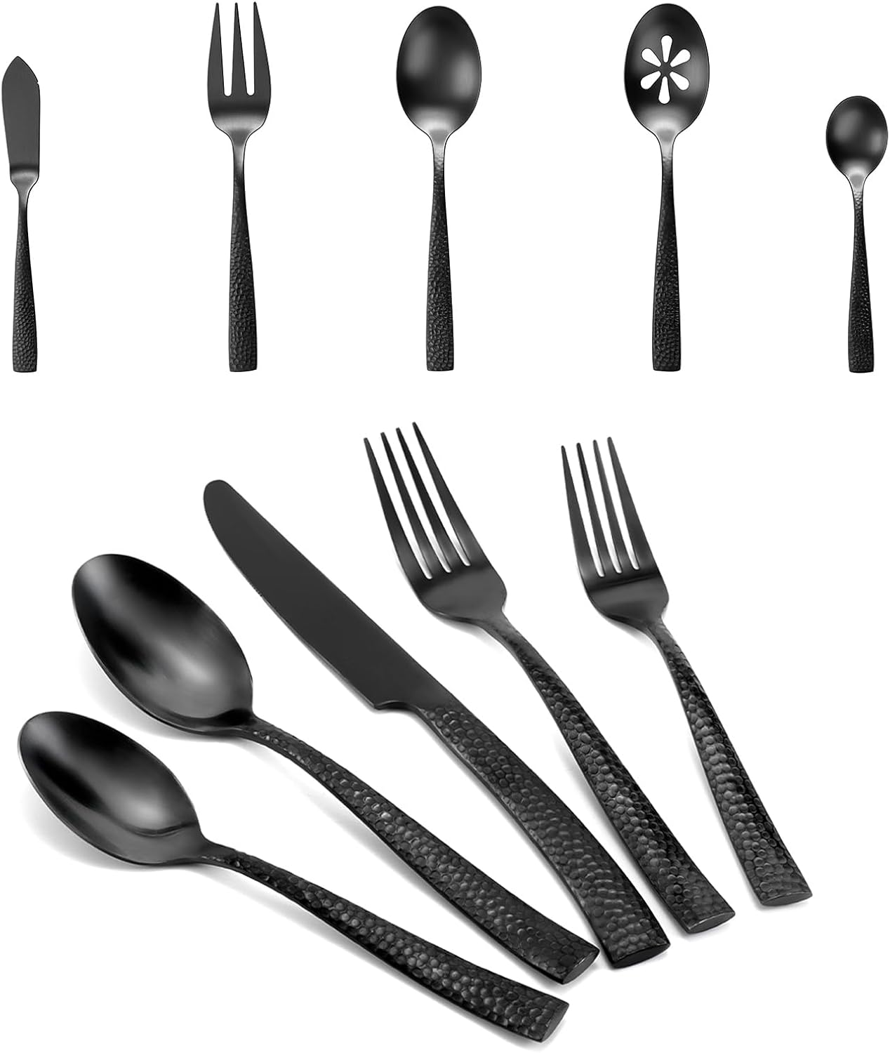 Matte Black Hammered Flatware Set for Elegant Dining Experience