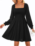Women's Casual Square Neck Smocked A-Line Short Dress - Cute Flowy