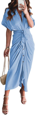 Women Elegant Satin Button Down Maxi Shirt Dress with Belt - Sleek no