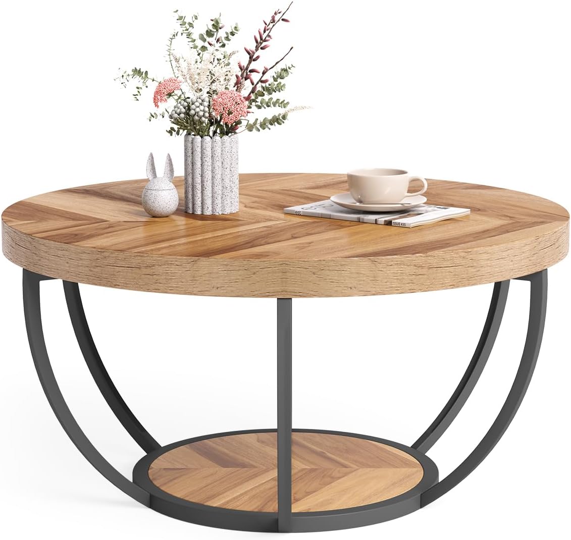 Industrial 2-Tier Round Coffee Table: Stylish Storage Solution