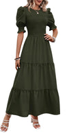 Women Casual Summer Maxi Dress - Flowy Smocked Boho Print