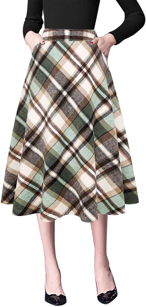 Plaid Skirts for Womens Fall Winter High Waist Aline Pleated Midi