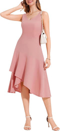 Aupuls Womens Midi Formal Dress High Low Ruffle V Neck (Style R56K)