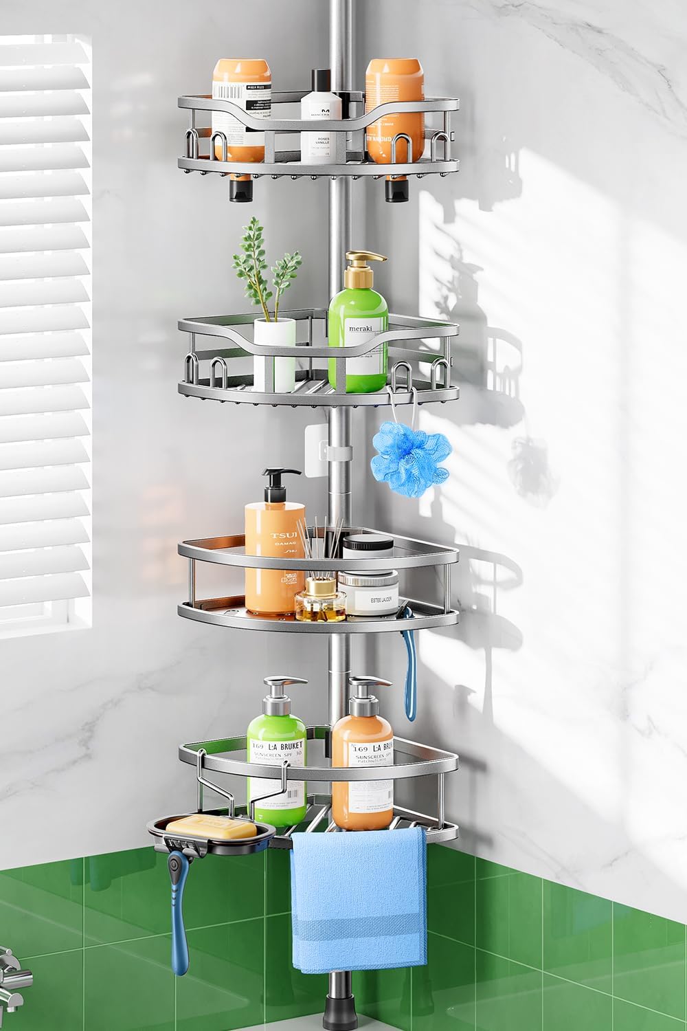 HAMITOR Shower Caddy Tension Pole: Rustproof 4-Tier Organizer