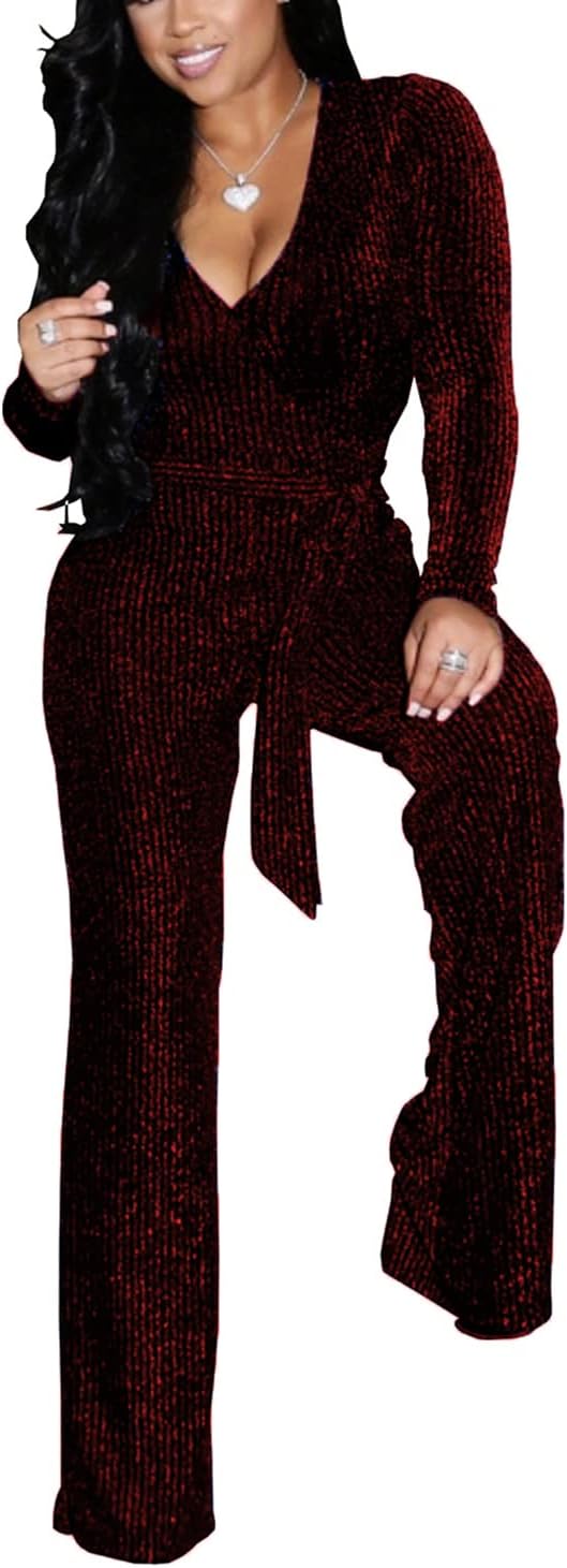 LightlyKiss Women Casual Sexy V Neck Sparkly Jumpsuits for Parties