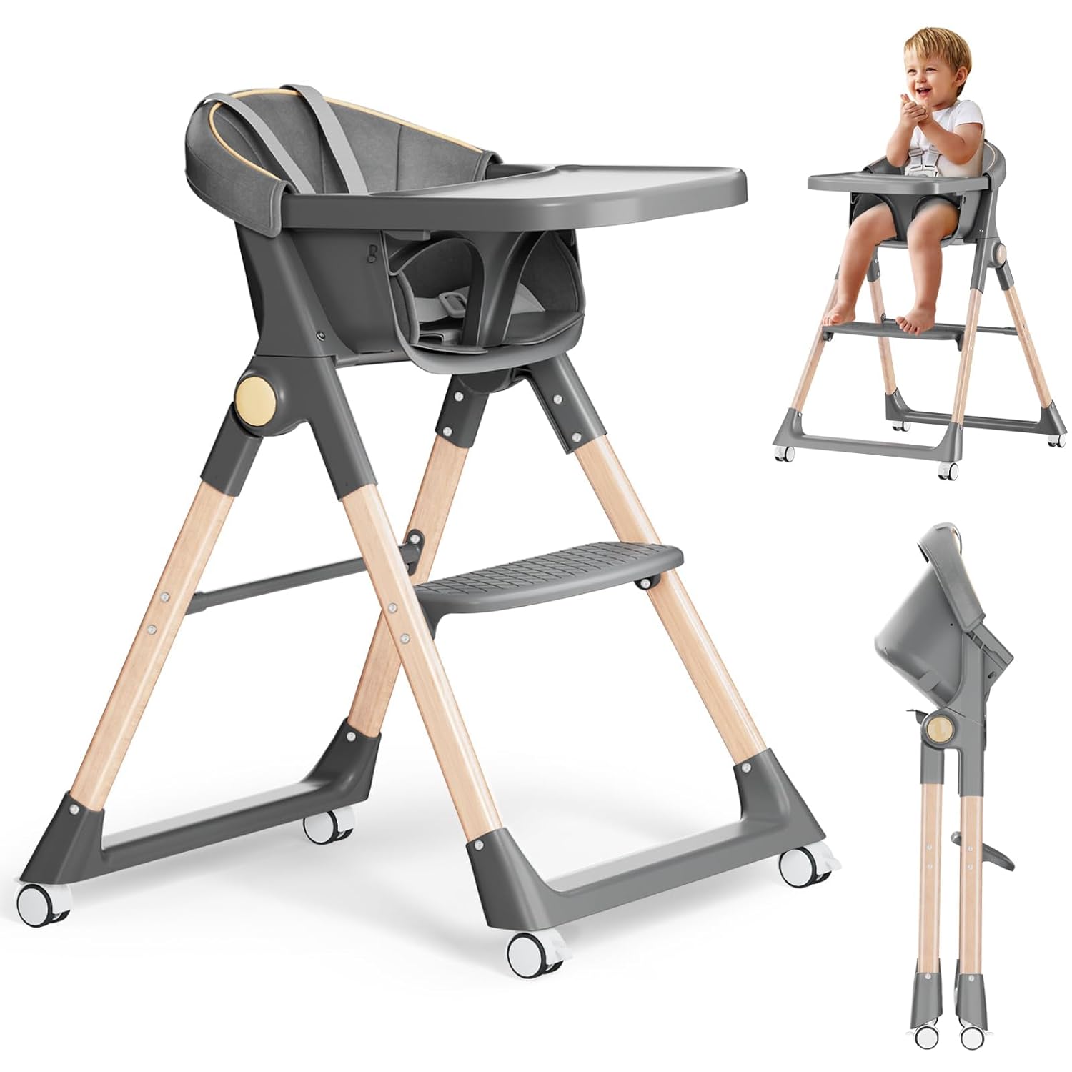 Convertible Folding High Chair with Wheels for Baby and Toddler