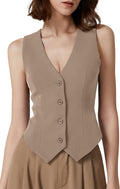 QINSEN Womens V Neck Vest Top Sleeveless Button Down Crop Top - Chic