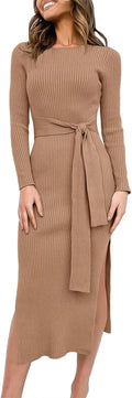 Womens Long Sleeve Sweater Dress Midi - Slim Fit Ribbed Knit ANRABESS