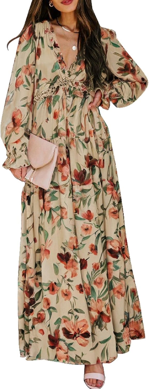 BLENCOT Womens Casual Boho Deep V Neck Short Sleeve Dress
