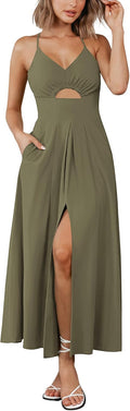 Summer Spaghetti Strap Midi Dress - Flowy V Neck Cutout