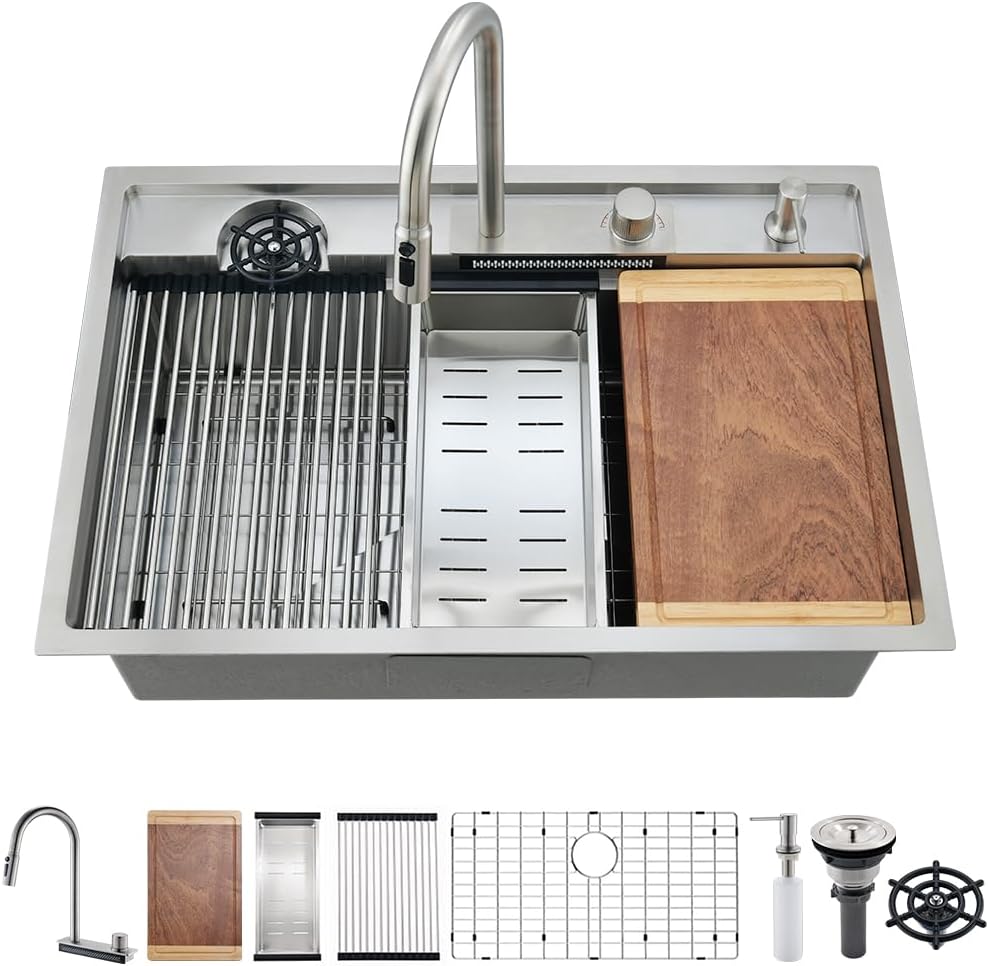 33 Inch Waterfall Kitchen Sink Drop In with Faucet Combo