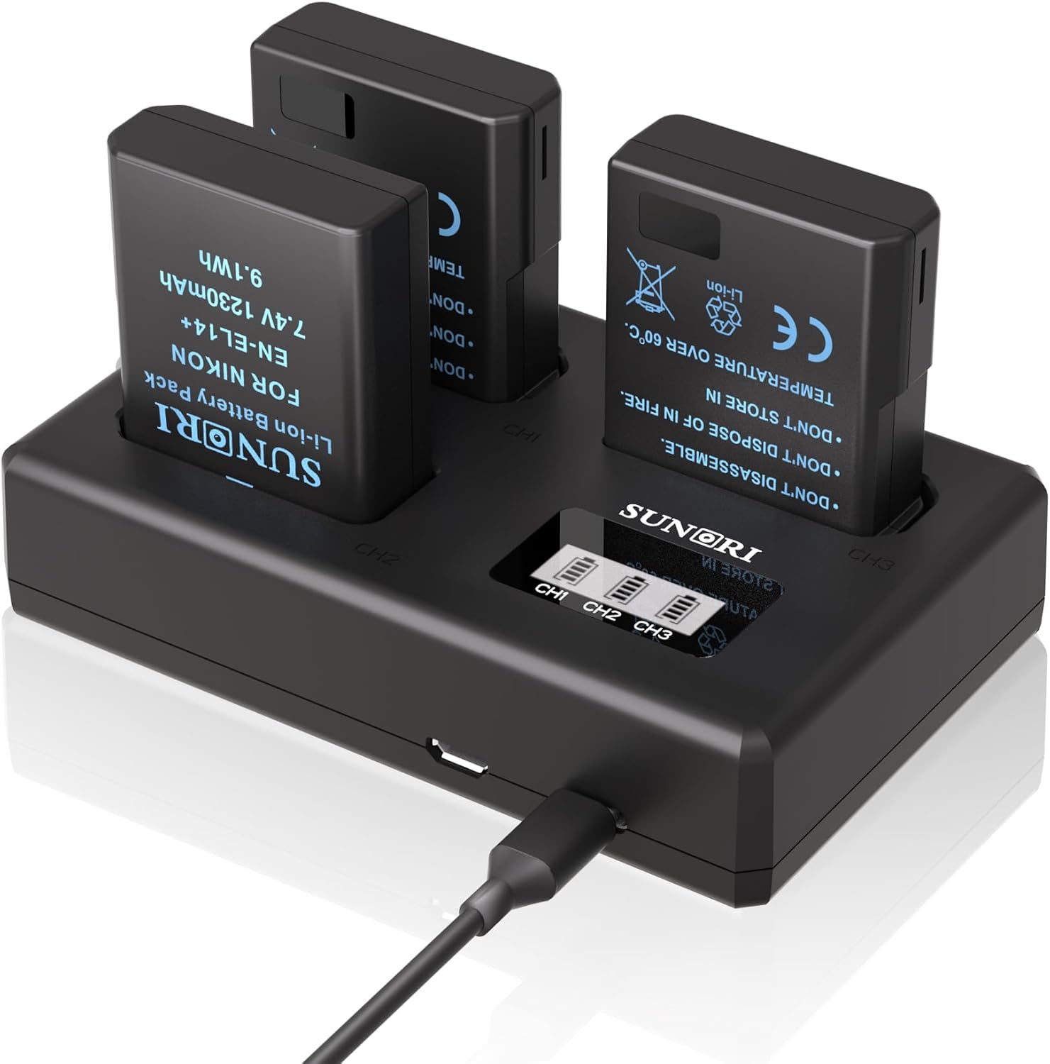 3-Pack EN-EL14 EN-EL14A Battery Packs with Triple Charger
