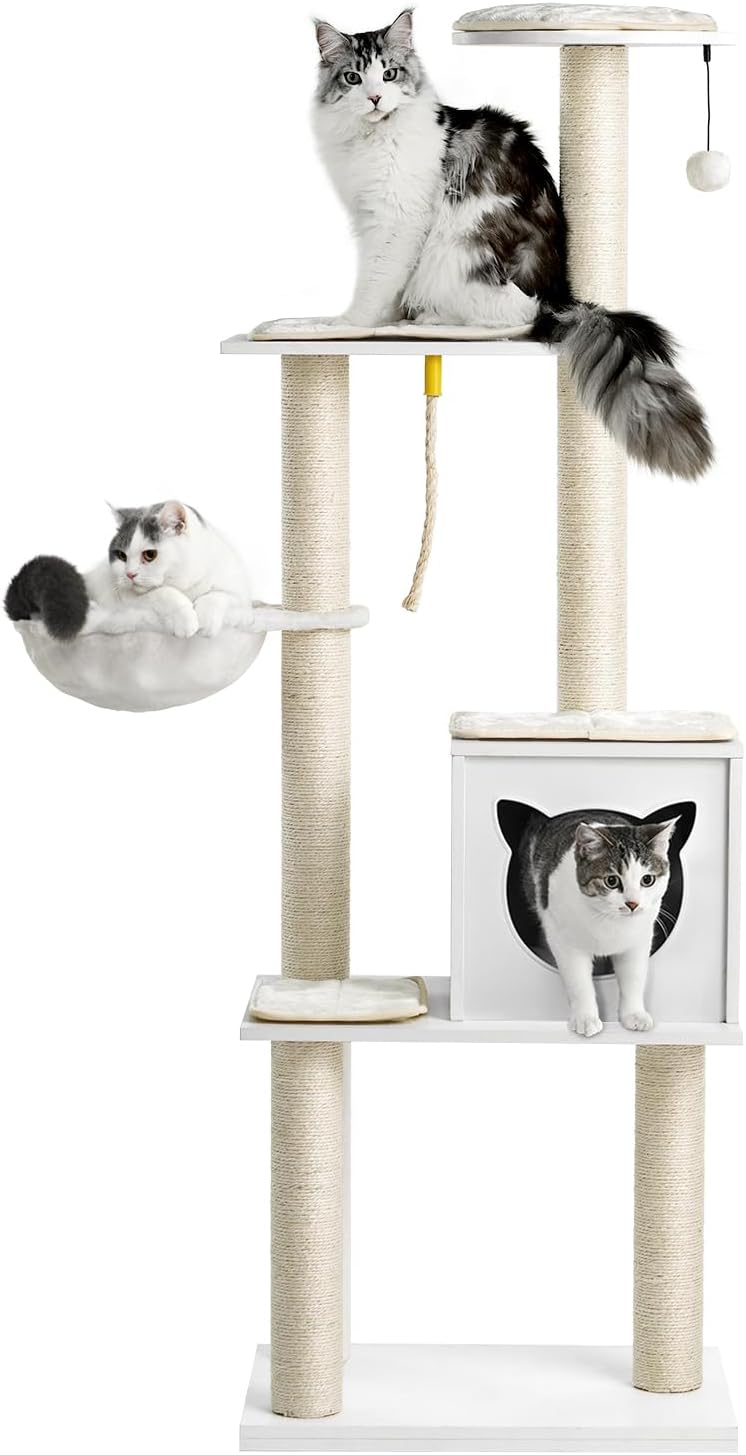 Modern Cat Tree Tower for Indoor Cats - 65 in Tall Wood Condo