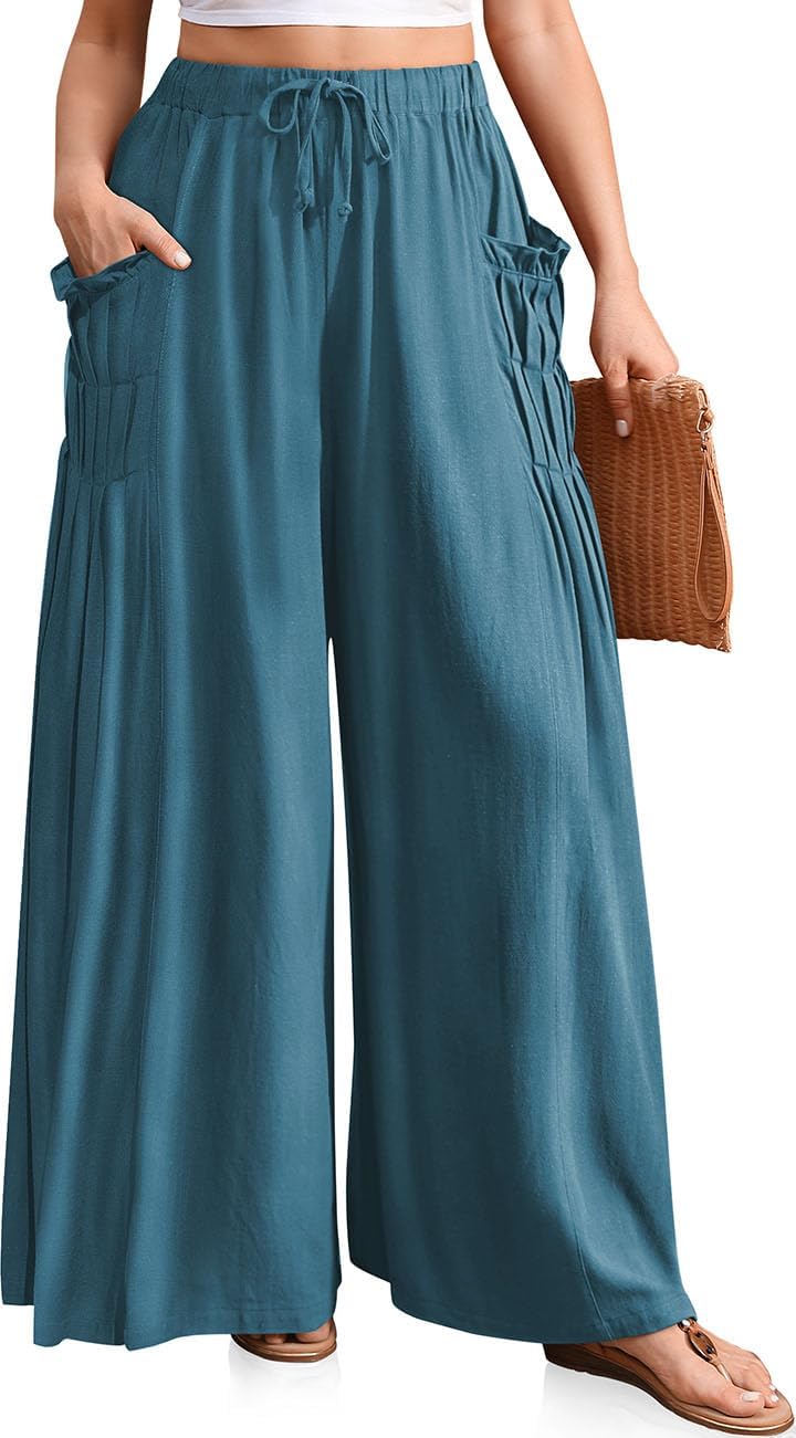 TARSE Women Linen Palazzo Pants for Summer Beach Travel Style