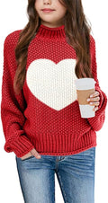 Girls Turtleneck Sweater Pullover - Chunky Heart Knit, Size Up