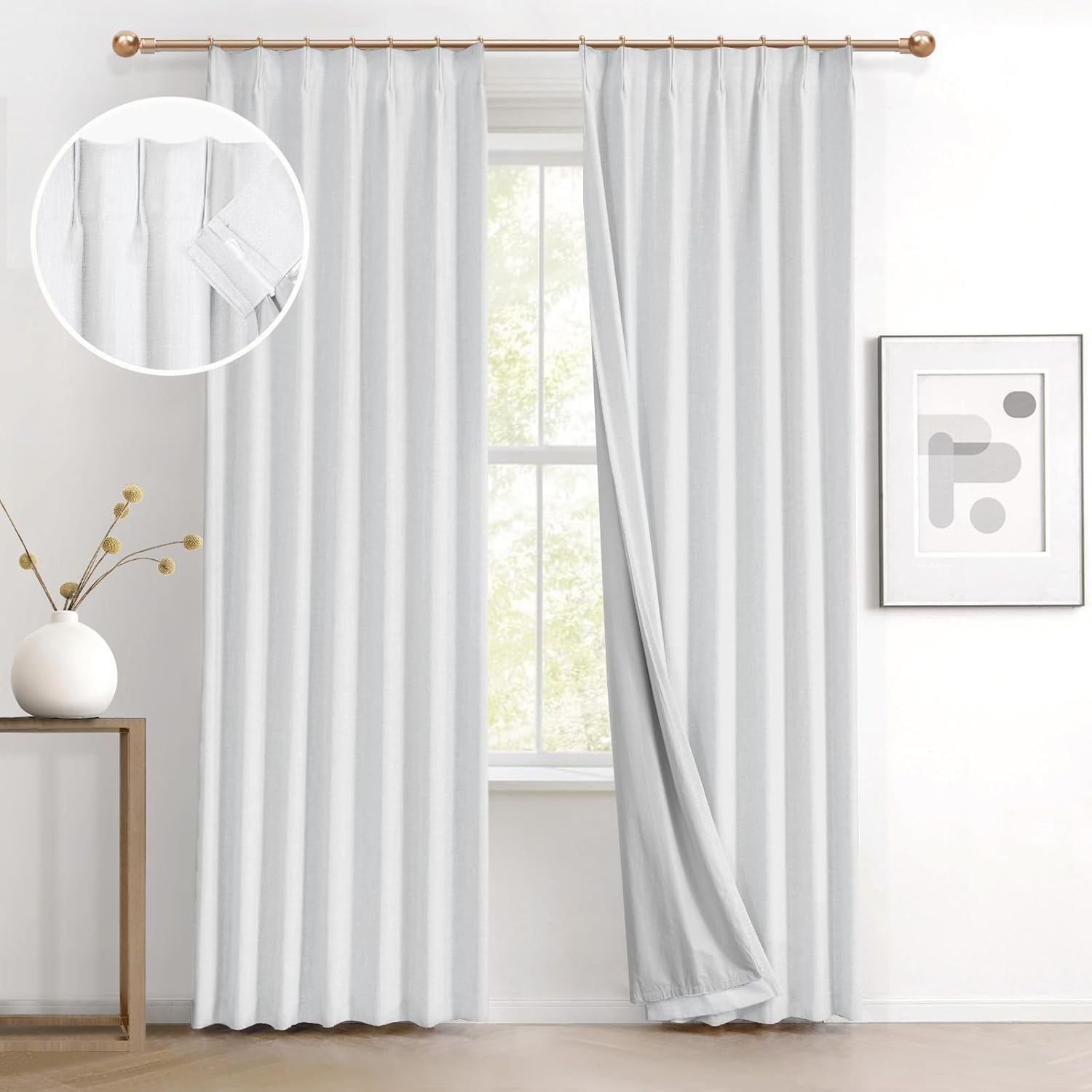 IVAPUPU Linen Pinch Pleated Full Blackout Curtains for Home