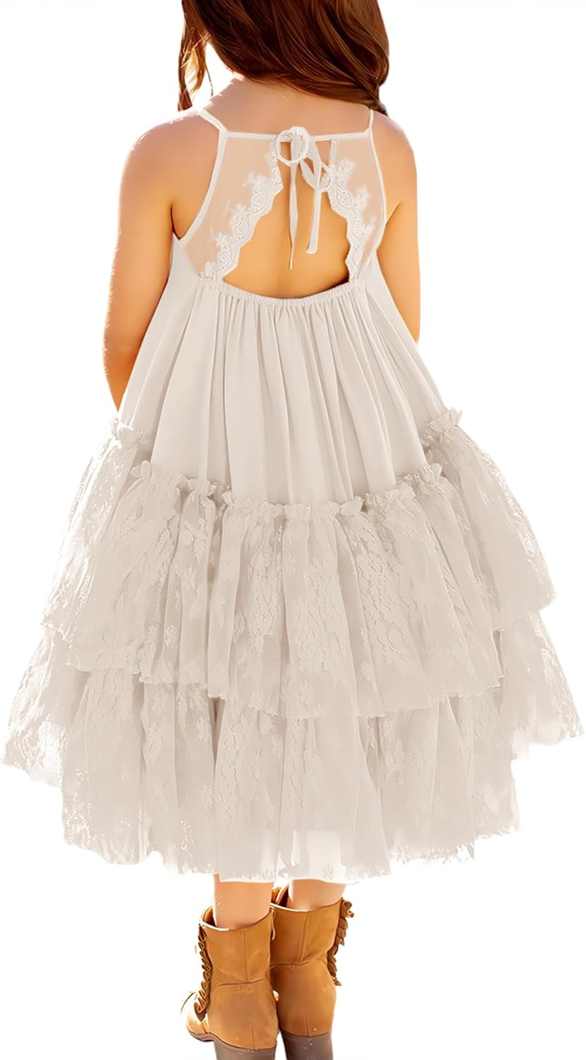 MITILLY Girls Boho Lace Backless A Line Ruffle Party Dress